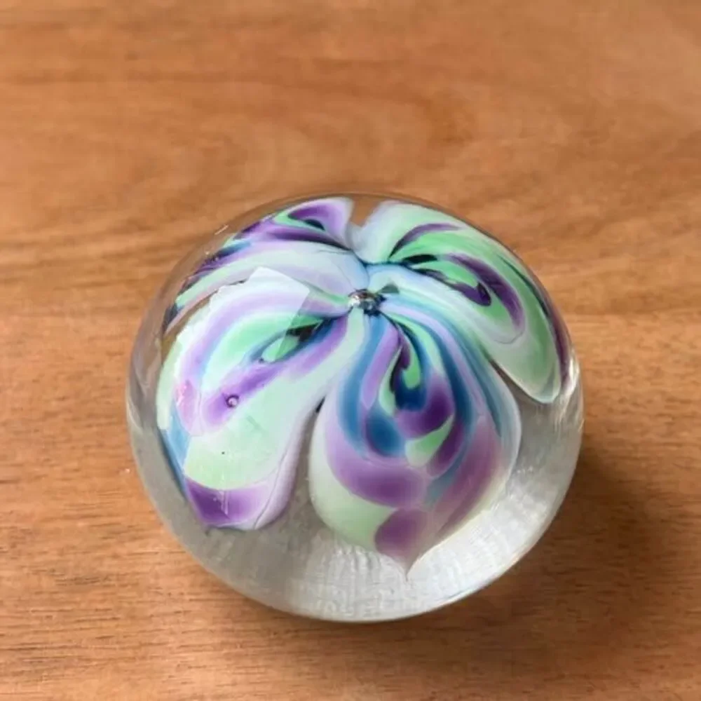 Signed Jodi Bove Hand Blown Art Glass Floral Paperweight 2” Rare Vintage
